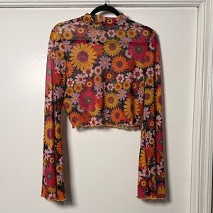 Floral Mesh Long-Sleeve Crop Top - Yellow & Pink